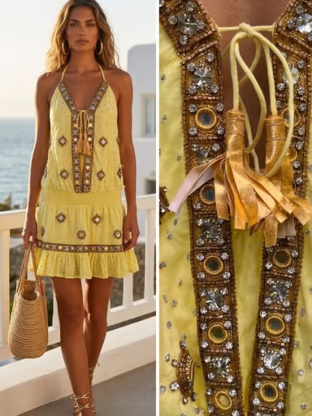 Las Noches Ibiza By Eric & Jack Embellished Halter Dress Yellow Sequin Ruffle